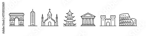 Iconic world landmarks outline set: simple linear architectural icons