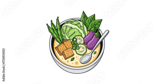 Illustrated bowl of creamy Asian soup with tofu cubes fresh vegetables and a spoon.