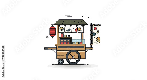 Illustrated Japanese Street Food Cart with Lantern and Signage.
