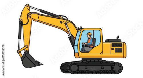 Yellow Construction Excavator with Operator Inside Heavy Machinery.