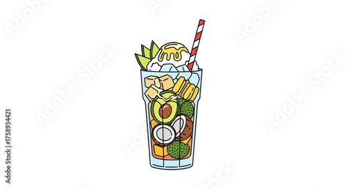 Refreshing Tropical Fruit Smoothie with Ice Cream and Straw.