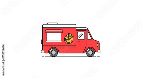 Vibrant Red Food Truck Illustration with Serving Window and Logo.