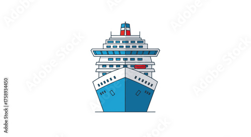 Front View of a Blue and White Cruise Ship Illustration.
