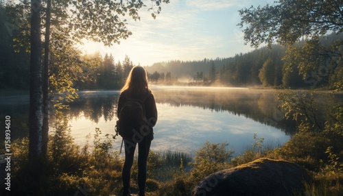 Woman hiker enjoying tranquil sunrise over a still lake in a misty forest