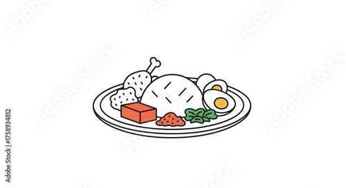 Illustrated Plate of Indonesian Nasi Uduk with Chicken and Egg.