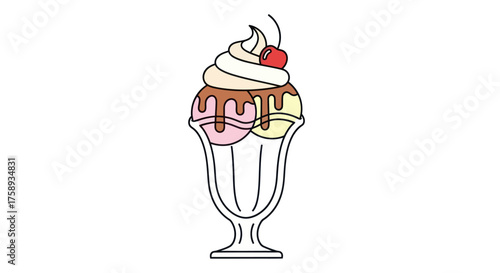 Colorful Ice Cream Sundae Illustration with Whipped Cream and Cherry.