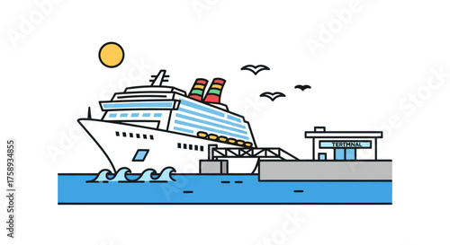 Large white cruise ship docked at a modern terminal with seagulls overhead.