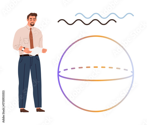 Man in formal attire holding documents, spherical diagram with gradient lines, and wavy design. Ideal for business, data analysis, statistics, education, research science presentation. Simple flat