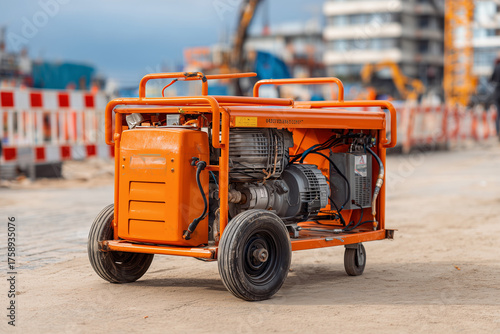 Fototapeta Naklejka Na Ścianę i Meble -  A large orange machine with a black engine sits on a dirt road