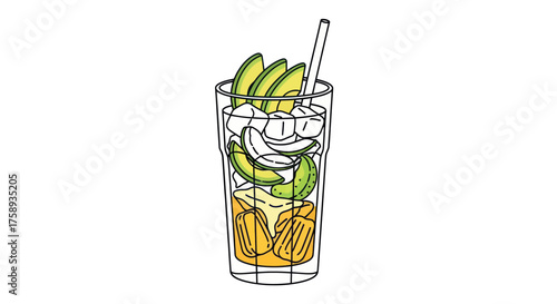 Refreshing Avocado Smoothie in a Glass with Straw and Ice Cubes.