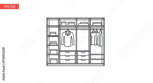 Detailed Line Drawing of a Modern Open Wardrobe with Clothing.