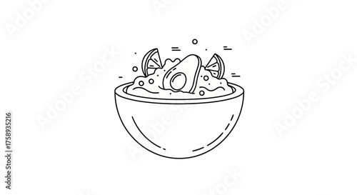Bowl of Guacamole with Avocado and Lime Slices Line Art Illustration.