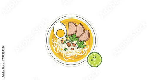 Bowl of Delicious Ramen with Egg and Meat Slices Topped with Herbs and Lime.