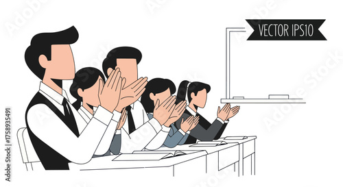 Diverse group of professionals applauding enthusiastically at a meeting.