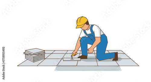 Construction worker installing floor tiles with tools and materials.