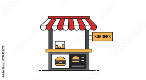 Burger Stand with Red and White Striped Awning and Burger Sign.