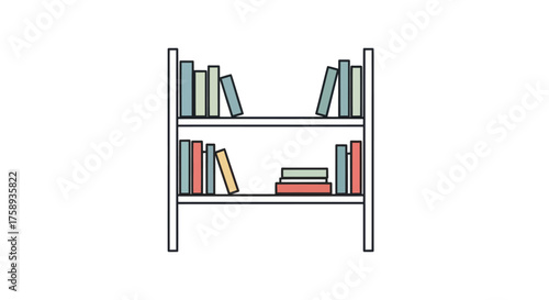 Simple Line Drawing of a Two-Shelf Bookshelf Filled with Books.