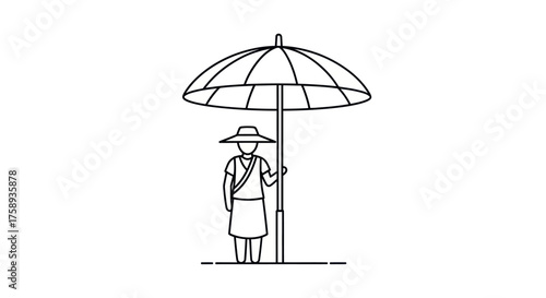 Stylized Line Art of a Person Holding a Large Umbrella.