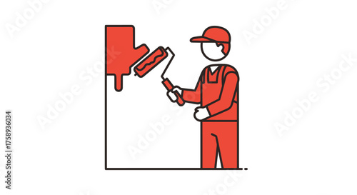 Worker painting wall with roller wearing red overalls and cap.