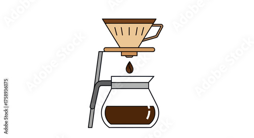 Pour-over coffee maker with carafe and dripping coffee.