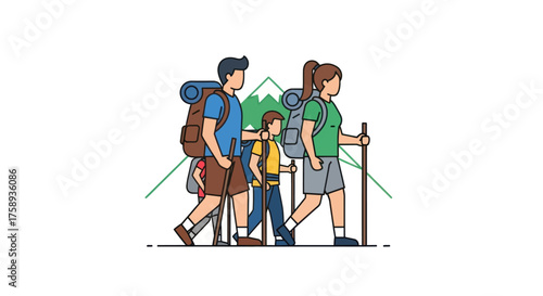 Family hiking adventure with backpacks and trekking poles in mountains.