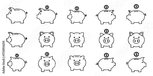 Set of piggy bank outline icons vector
