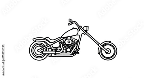 Outlined Black and White Chopper Motorcycle Illustration.