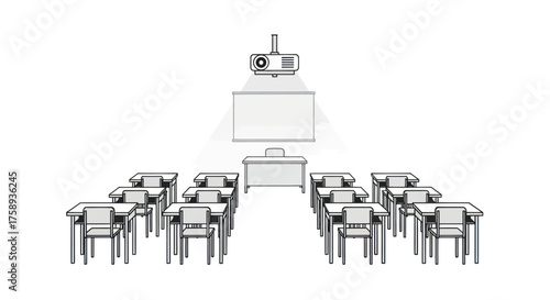 Empty Classroom Lecture Hall with Projector Screen and Desks Line Art.