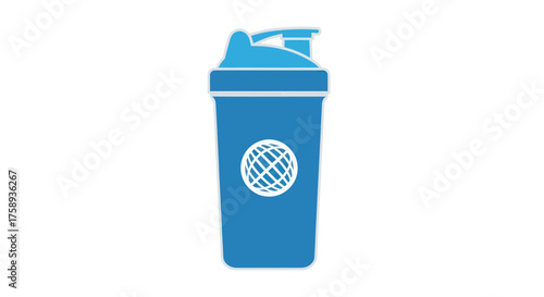 Blue Protein Shaker Bottle with Globe Logo and Flip Top Lid.