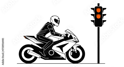 Motorcyclist on Sportbike Stopped at Red Traffic Light Illustration.
