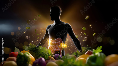 Human silhouette glowing from the abdomen outward, surrounded by fresh vegetables and fruits floating in soft light, symbolizing healthy digestion and vitality, with copy space.