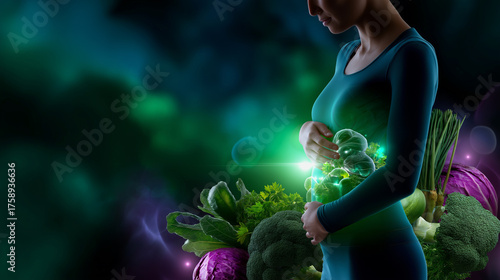 Medical and nutritional concept — digital human silhouette glowing softly around abdomen, surrounded by organic vegetables, with copy space.