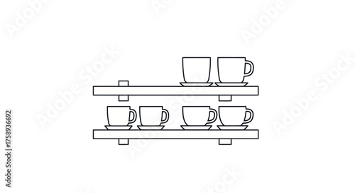 Minimalist Line Art Illustration of Cups and Saucers on Shelves.