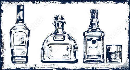Different bottles with alcohol and different glasses. Vector illustration in sketch style