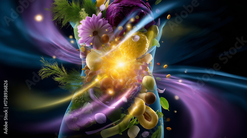 Healthy gut and nutrition visualization — radiant light emanating from abdomen, surrounded by dynamic swirl of vegetables and herbs, with copy space.