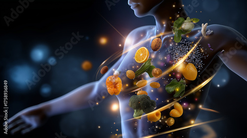 Nutrition and wellness illustration — luminous human torso with natural food ingredients orbiting around, symbolizing digestive balance, with copy space.