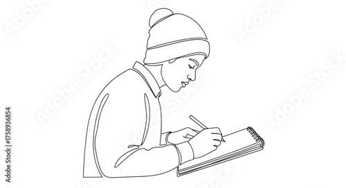 Person wearing a beanie drawing on a notepad with a pen.