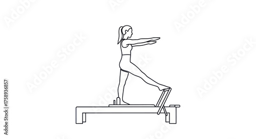 Woman Performing Pilates Exercise on Reformer Machine.