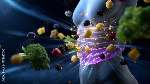 Scientific visualization of digestion — light radiating from human abdomen, surrounded by floating healthy foods representing microbiome wellness, with copy space.