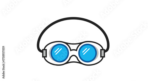 A pair of white swimming goggles with bright blue lenses and a black strap.