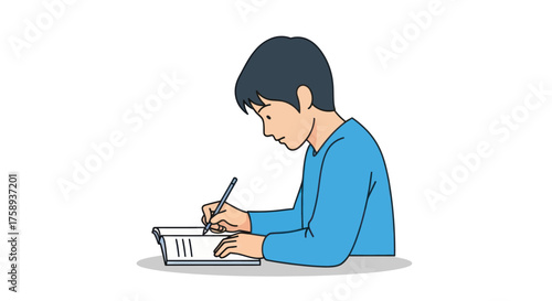 Focused Young Student Writing with Pen on Paper.