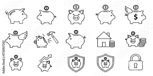 Set of piggy bank outline icons vector
