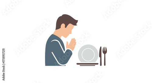 Man Praying Before Meal with Plate Knife and Fork.