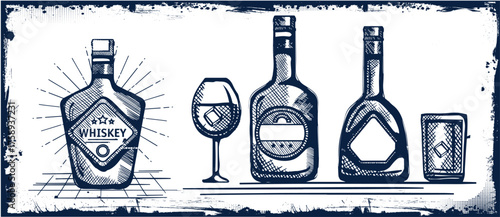 Different bottles with alcohol and different glasses. Vector illustration in sketch style