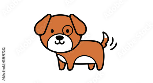 Cute Cartoon Brown Dog with Wagging Tail and Eye Patch.