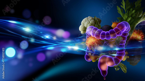 Futuristic health interface — abstract glowing intestine design integrated with vegetable elements, representing innovation in gut health, with copy space.