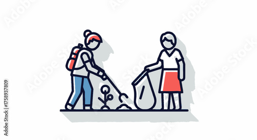 Two People Cleaning Up Litter with Tools and Bags.