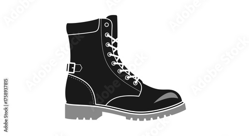 Black Military Style Boot with White Laces and Grey Sole.