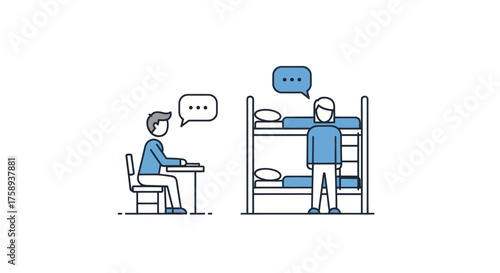 Two students in a dorm room one at desk one by bunk bed conversing line art.