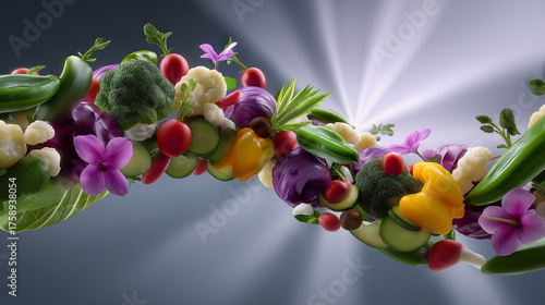 Smart nutrition visualization — vegetables forming patterns along a radiant digestive system, symbolizing harmony and efficient metabolism, with copy space.
